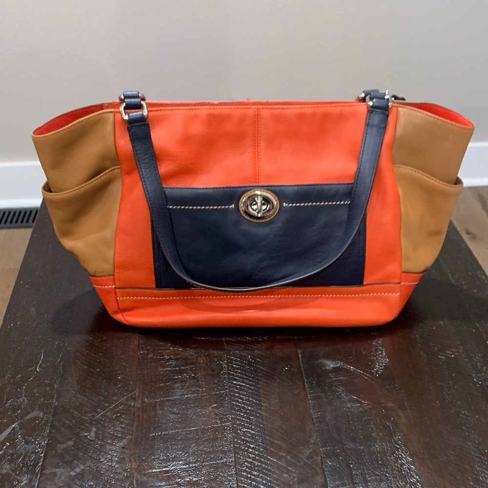 COACH Stylish Red/Orange, Tan, and Navy Blue Women's Bag